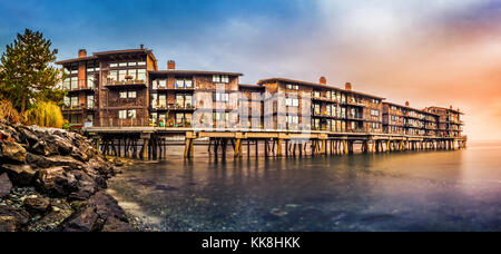 Panorama with stilt houses in West Seattle neighborhood at sunset`` Stock Photo